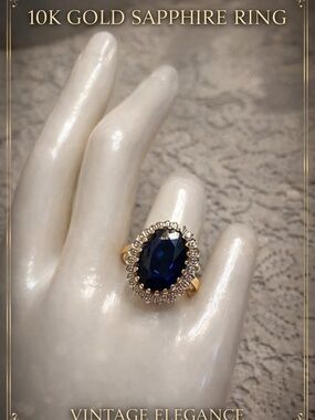 10K Gold Sapphire Ring Oval Halo Dark Blue Vintage Style Size 9.5
